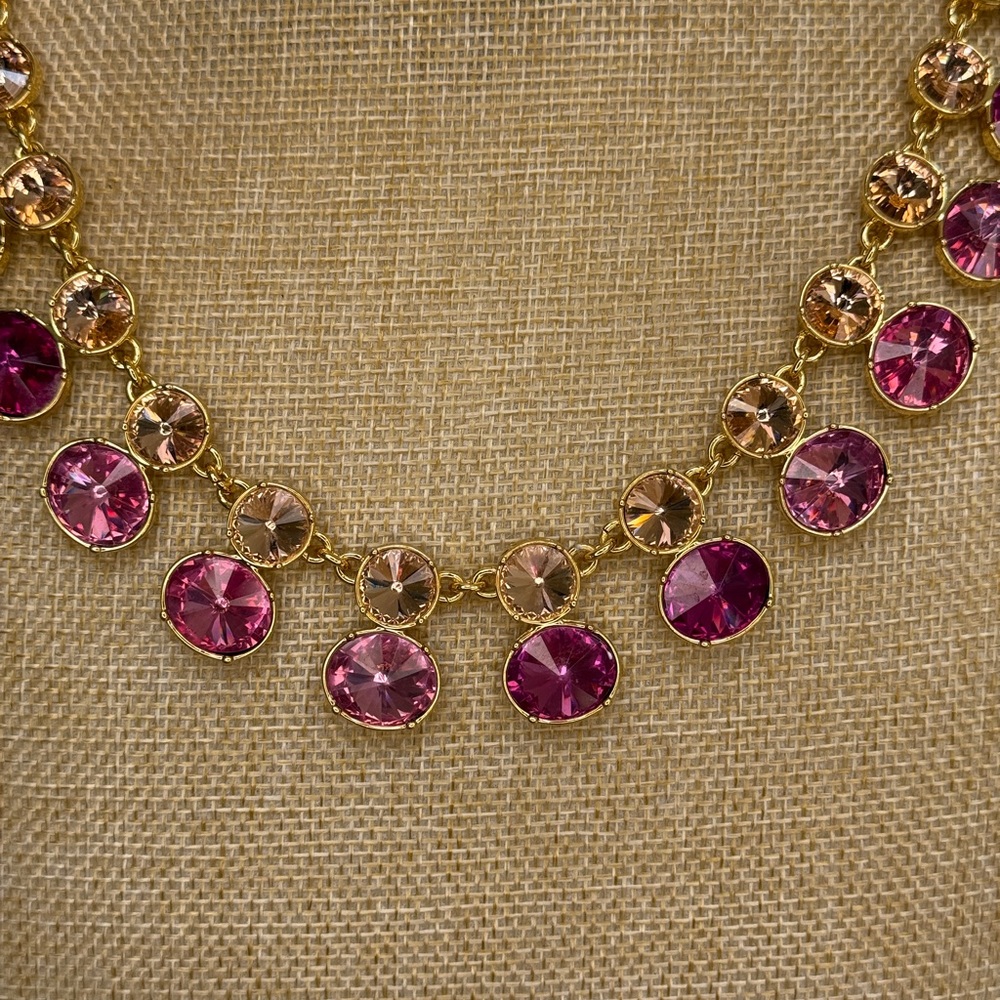 Talbots Gold and Pink Double Crystal Row Statement Necklace - Picture 4 of 10